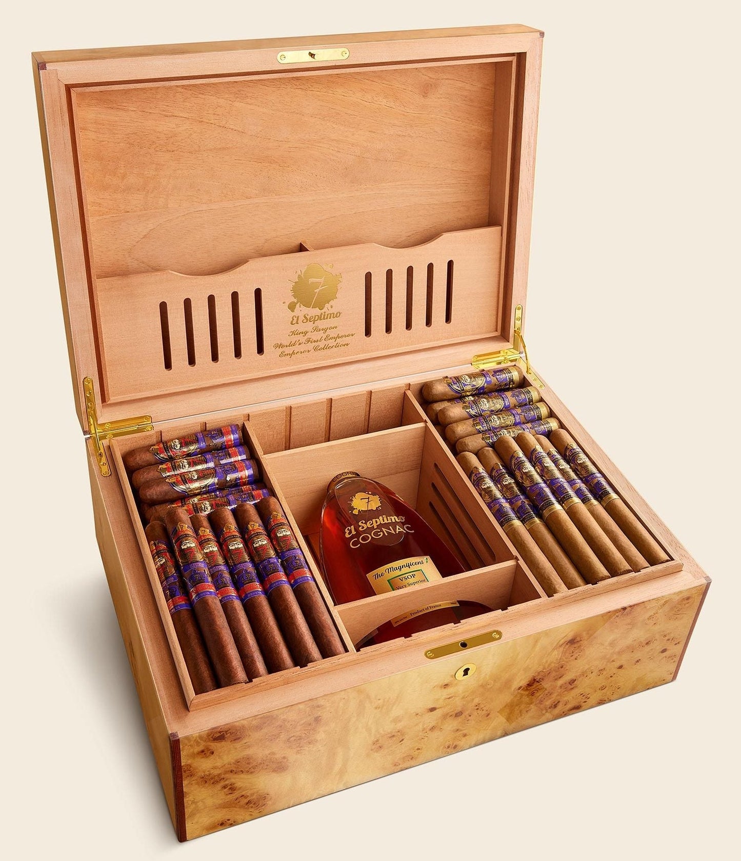 Small King El Septimo Sargon Limited Edition Filled Humidor (Poplar Burl) - cigar13