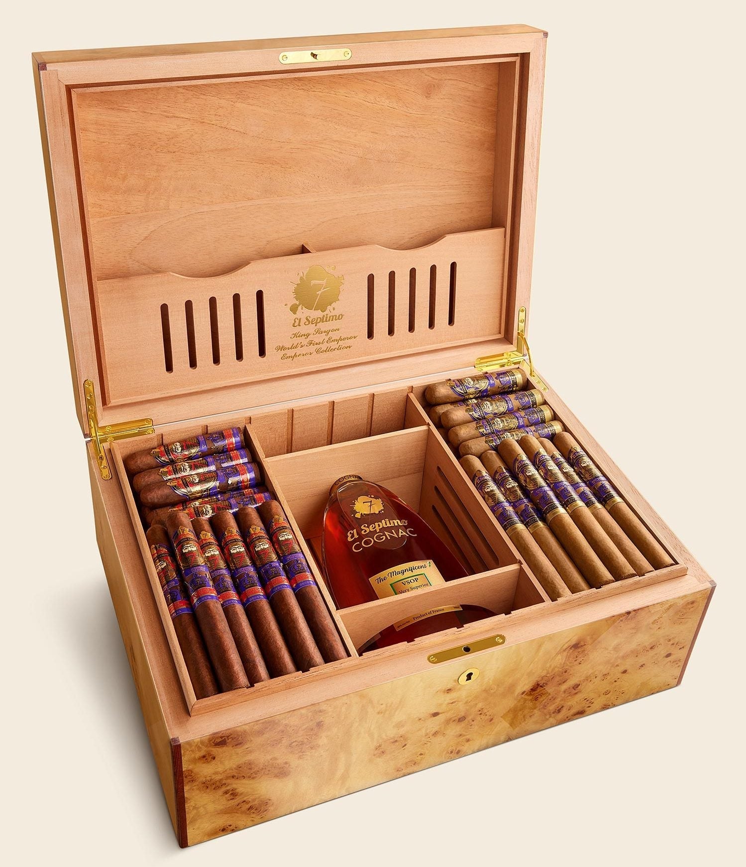 Small King El Septimo Sargon Limited Edition Filled Humidor (Poplar Burl) - cigar13